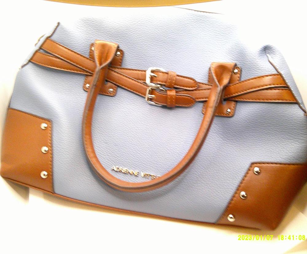 Adrienne Vittadini Rare double buckle in front blue/brown gold studs handbag